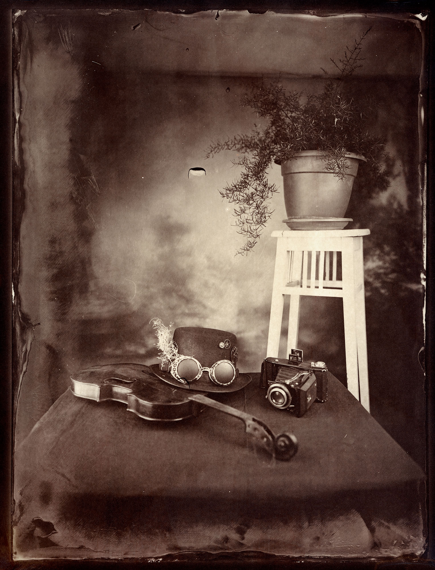 A sepia-toned still life photo shows a violin, vintage camera, and steampunk goggles on a table, with a potted plant on a tall white stool in the background. The scene has an old-fashioned, nostalgic atmosphere. Old photographic processes declared protected cultural heritage in Croatia